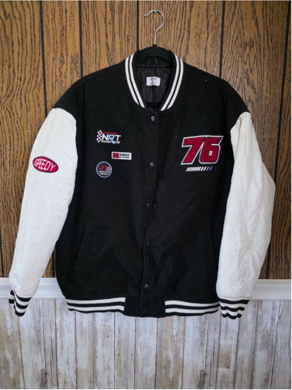 Women's Ardene Varsity Racing Jacket Med Black White Red